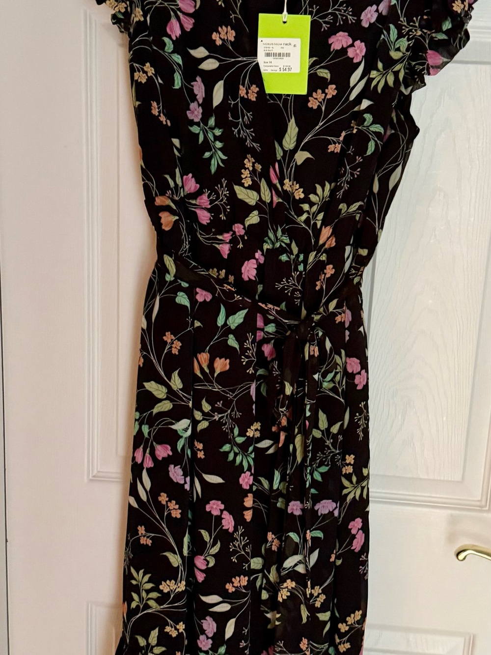 Sam Edelman Black Floral Tie-Waist Midi Dress with Pink and Green Blooms
